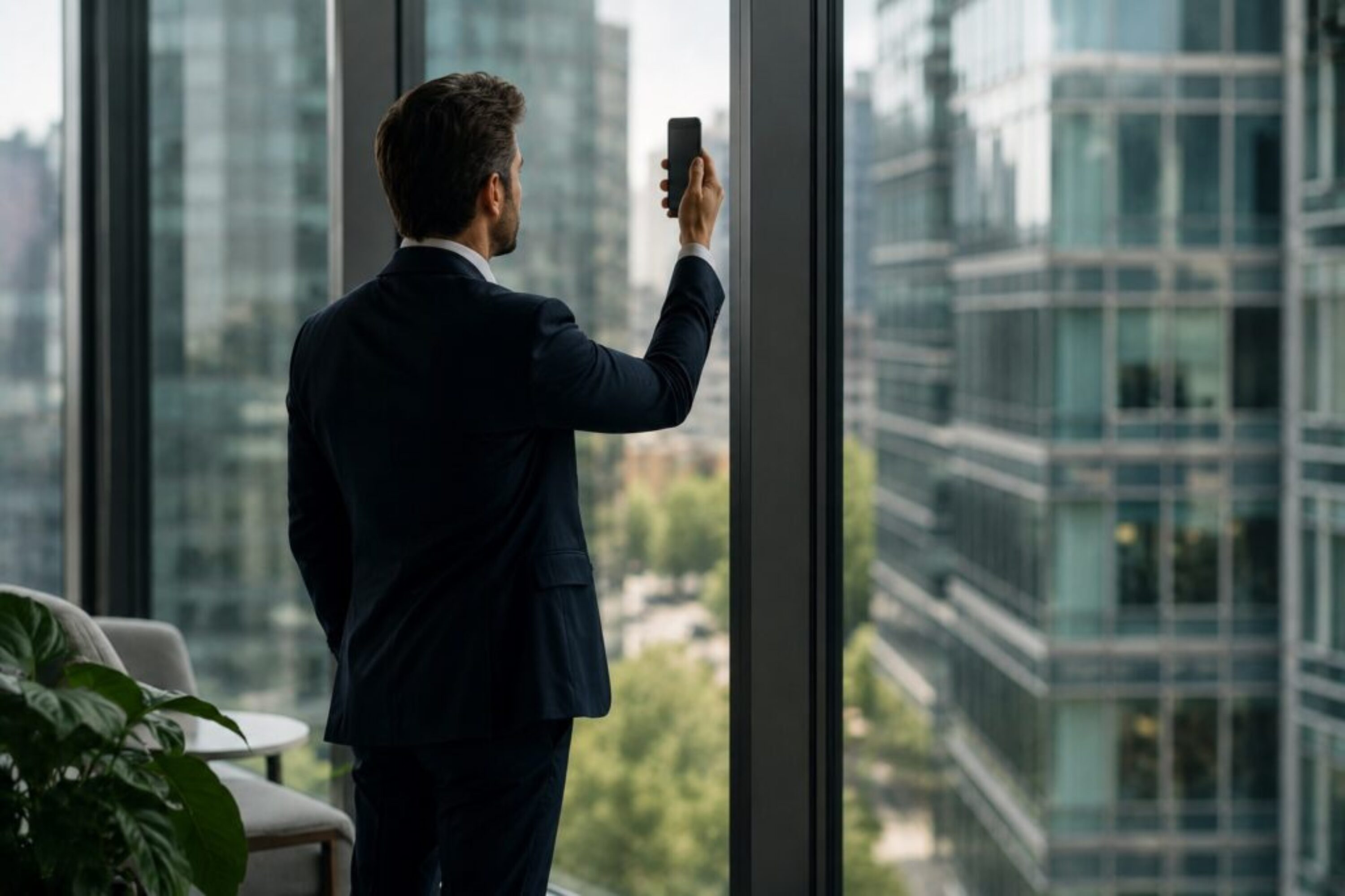 Person holding a smartphone by the window of a modern office building, searching for mobile signal